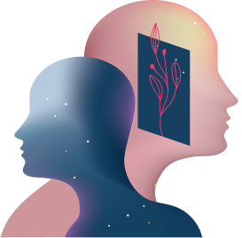 Illustration af to silhuetter i profil, vendt hver sin vej, med en plante, der spirer ud fra et vindue i hovedet – symbol på digital udvikling og mental trivsel. Forsidegrafik til rapporten 'Fra potentiale til praksis'.