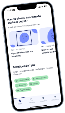 Skærmbillede fra Ro-appen, der viser forskellige øvelser og beroligende lyde, du kan bruge i appen.