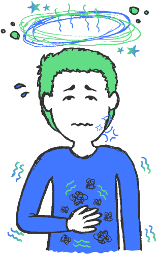 Billedet viser en dreng, der er nervøs. Det er illustreret med forskellige tegn på nervøsitet og eksamensangst såsom ondt i maven, nervøse mundviger, mange tanker, der kører i ring og en krop, der ryster.