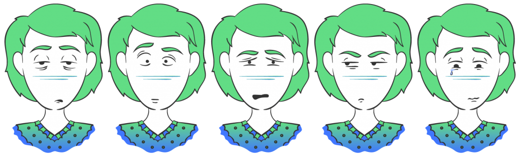 En pige er tegnet flere gange med forskellige ansigtsudtryk for at vise de forskellige tegn på generaliseret angst