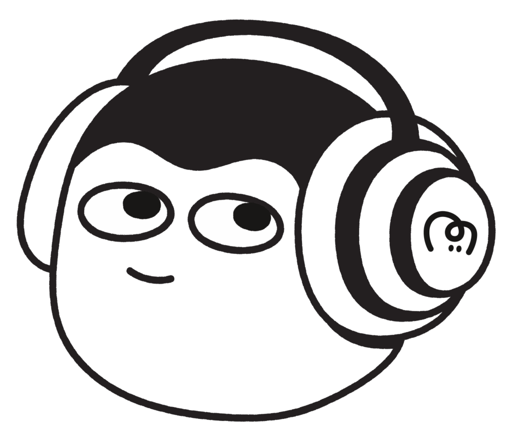 Illustration af et hoved, der har hovedtelefoner på, hvor Mindhelpers logo er tegnet på siden.