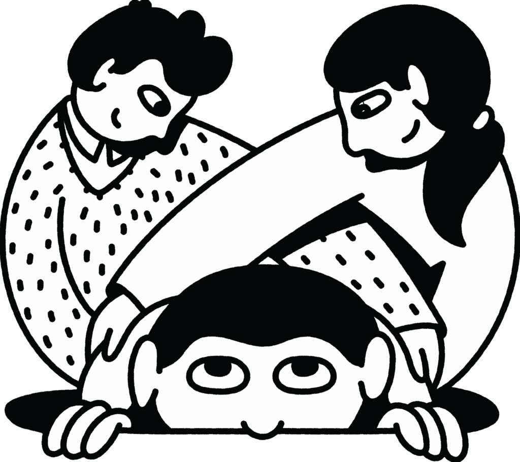 Illustration af to personer, der støtter en tredje, som ligger ned med et bekymret udtryk.