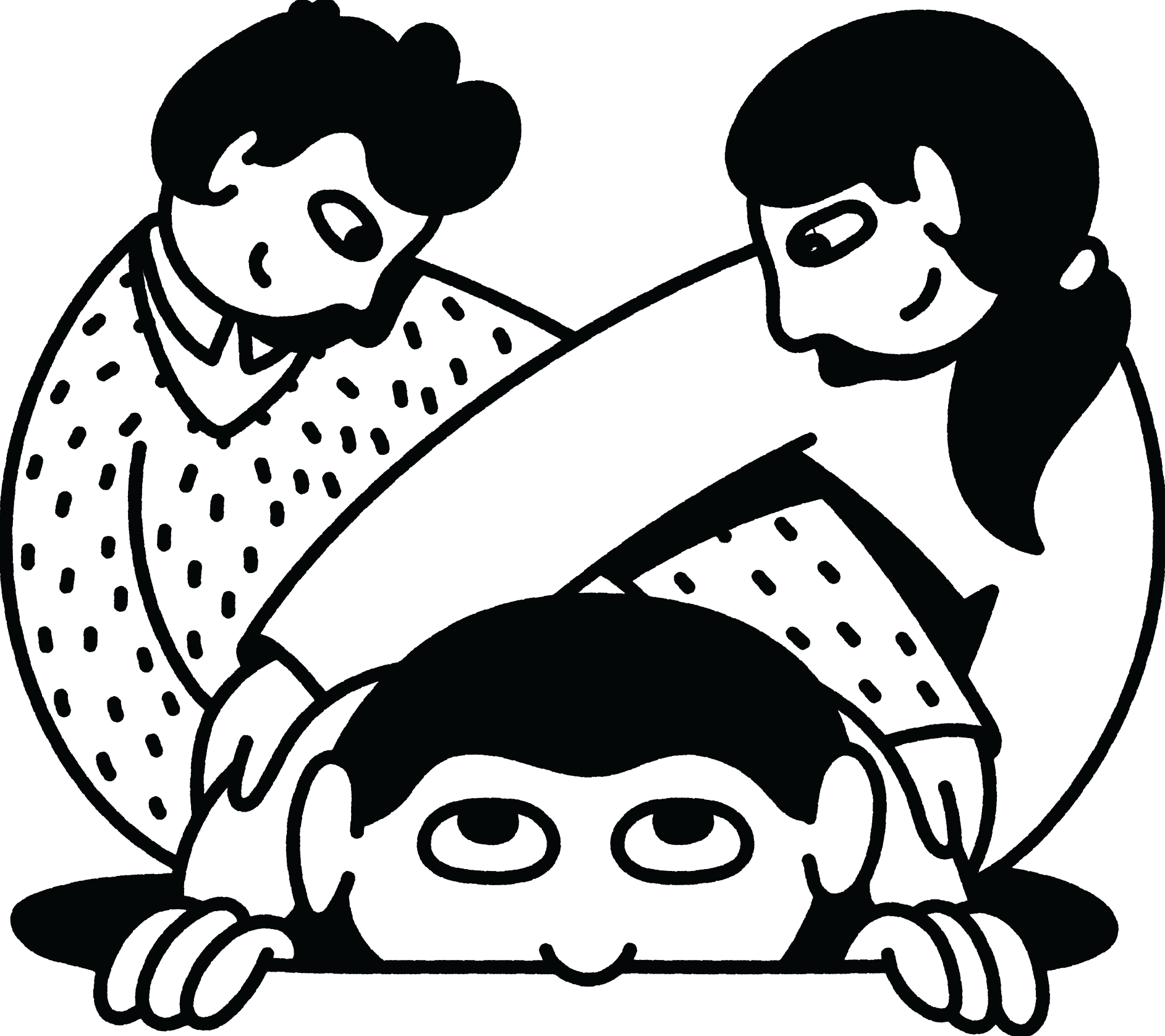 Illustration af to personer, der støtter en tredje, som ligger ned med et bekymret udtryk.