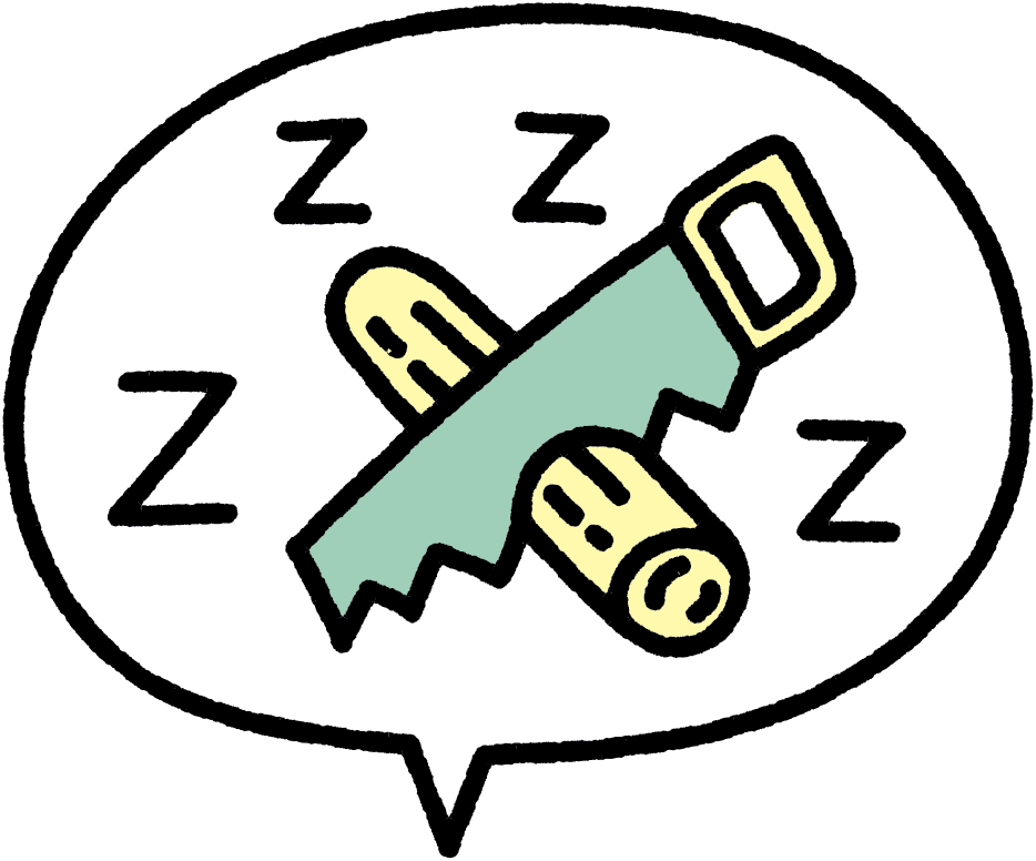 En talebobbel med en række søvn-symboler og en sav, der saver brænde. Det skal symbolisere at hjernen arbejder, mens du sover.