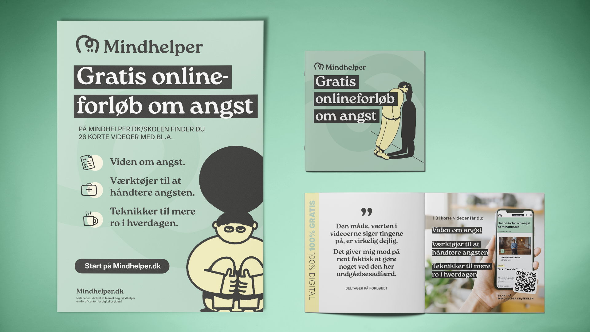 Visualisering af materialer, der kommer i pakken. Det er en plakat med titlen: "Gratis online-forløb om angst" og en folder med samme titel.