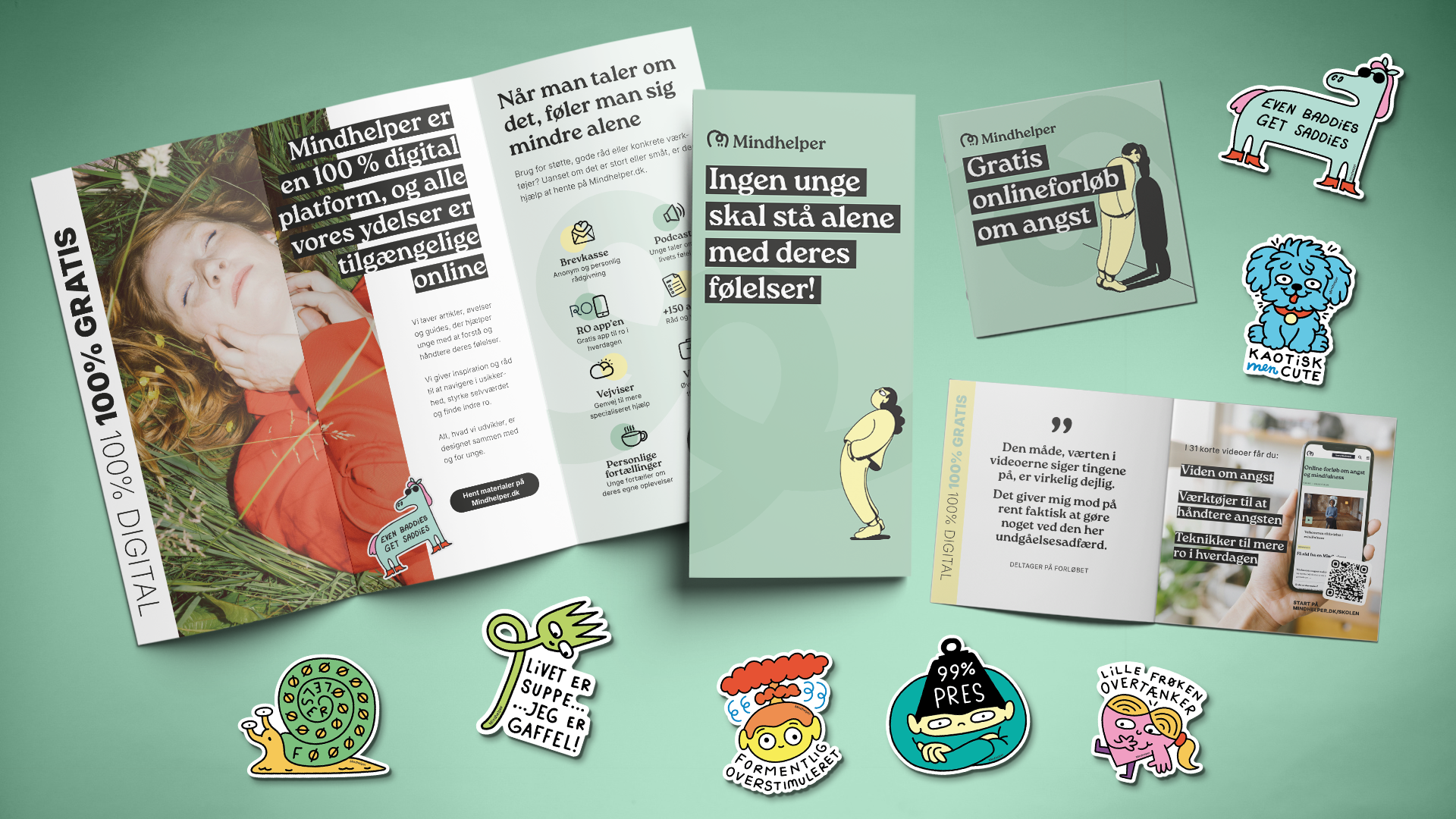 Visualisering af materialer, der følger med i pakken. Eksempelvis forskellige foldere og nogle klistermærker.