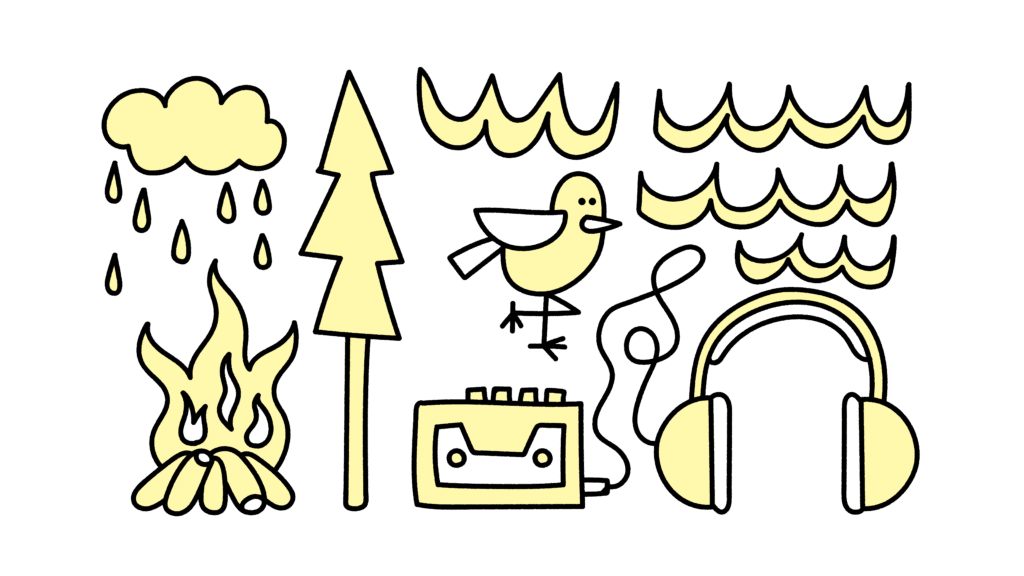En illustration af en gammeldags walkman, et par høretelefoner, et træ, en fugl, et bål, en regnsky og nogle bølger.