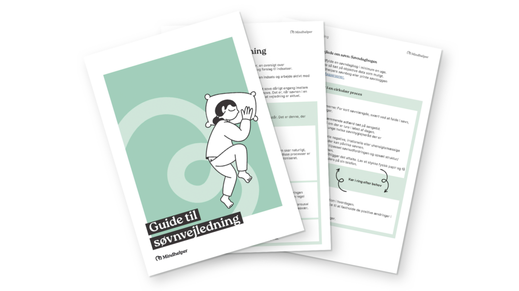 Mockup billede af sider fra søvnvejledningen til vejledere med teksten "Guide til søvnvejledning" på forsiden.