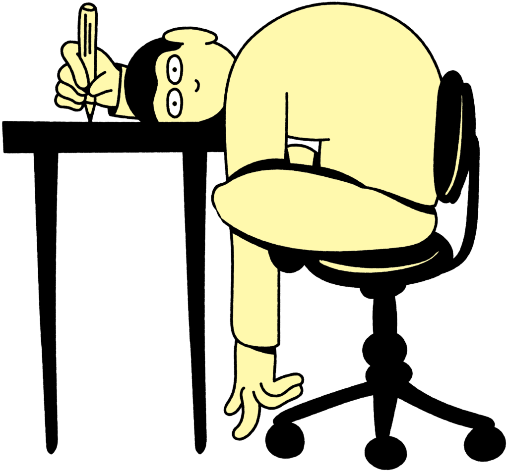 Illustration af en tegnet figur, der hænger med hovedet på skrivebordet og har en blyant i hånden, som om den kæmper med at skrive – symbol på forvirring og pres op til eksamen.