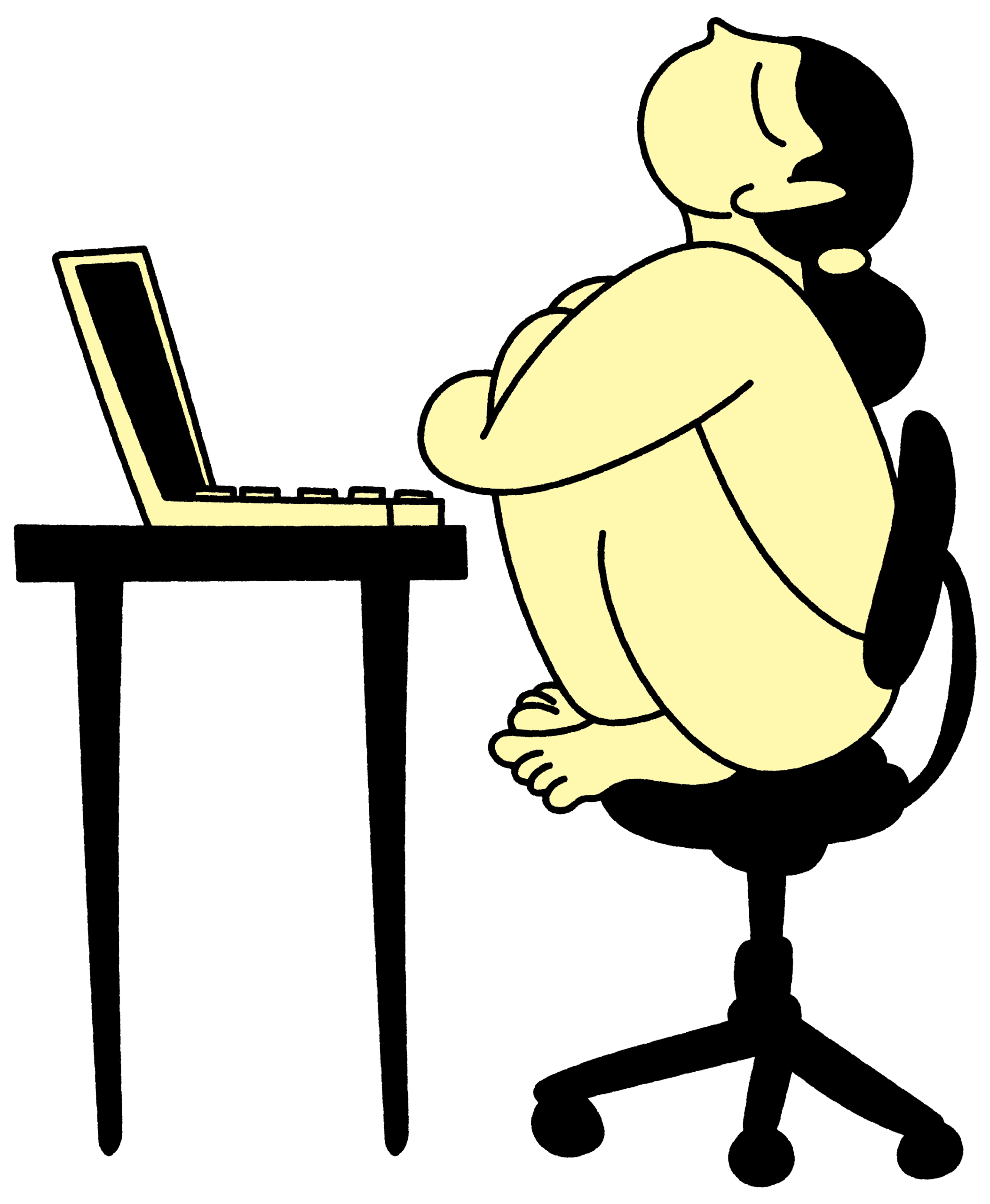 Illustration af figur, der sidder sammenkrøbet med armene om knæene foran en åben bærbar computer. Figuren ser op i luften, som om den grubler eller føler sig presset i forbindelse med eksamensforberedelse.