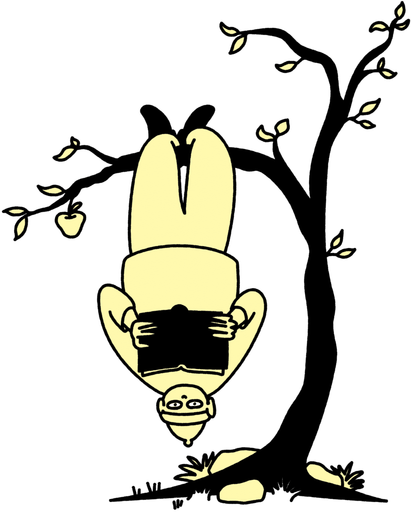 Illustration af figur, der hænger i et træ med hovedet nedad og læser i en bog.