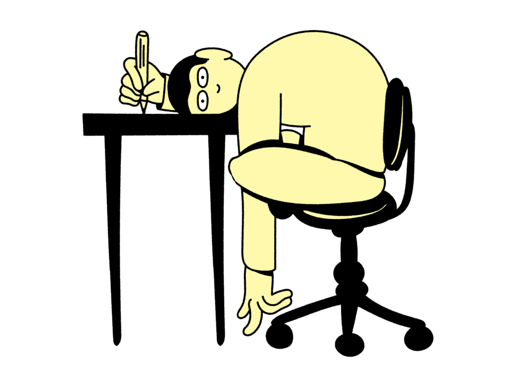 Illustration af en tegnet figur, der hænger med hovedet på skrivebordet og har en blyant i hånden, som om den kæmper med at skrive – symbol på forvirring og pres op til eksamen.