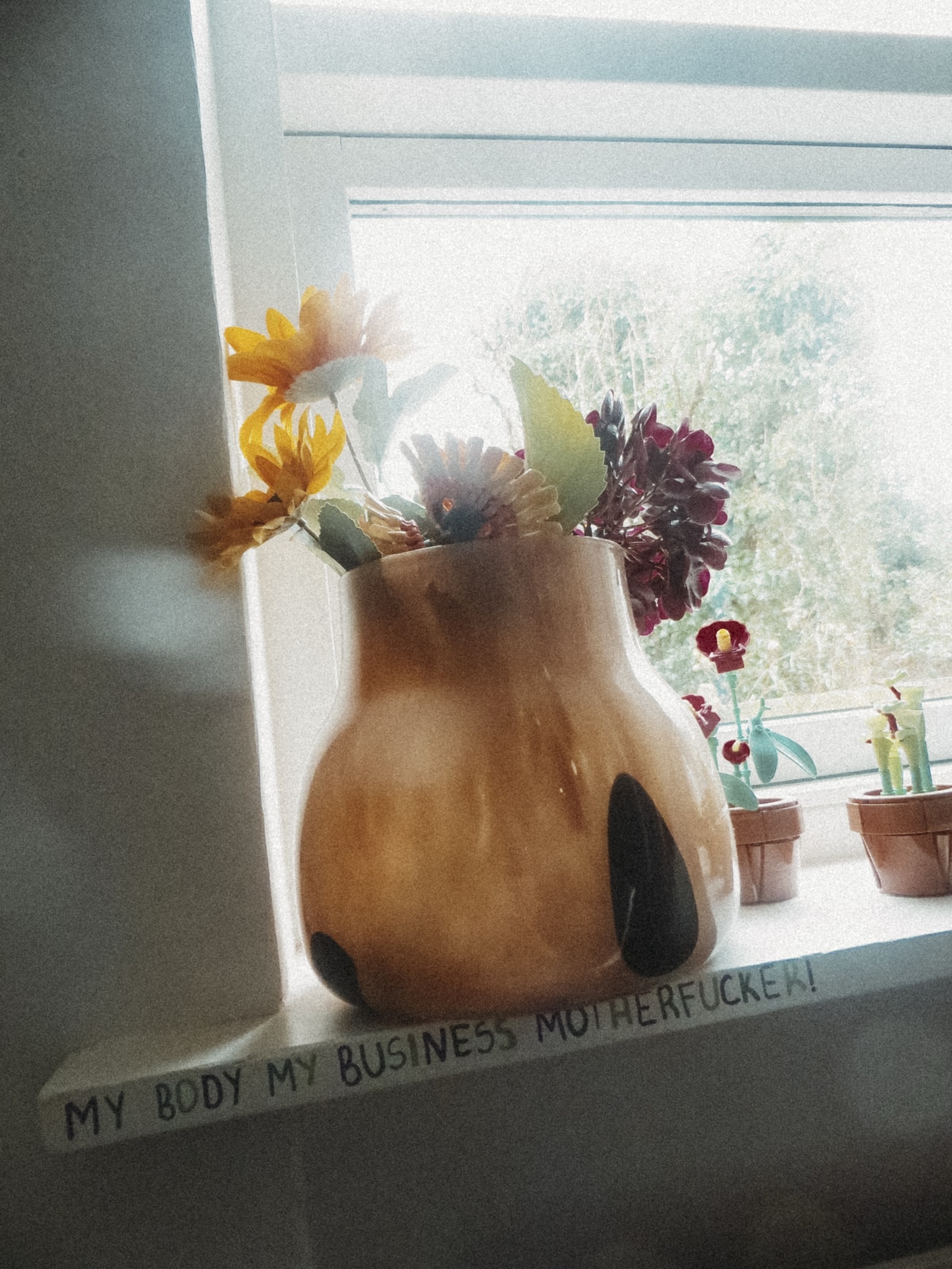 Dikte har skrevet: "My body my business motherfucker!" på sin vindueskarm.