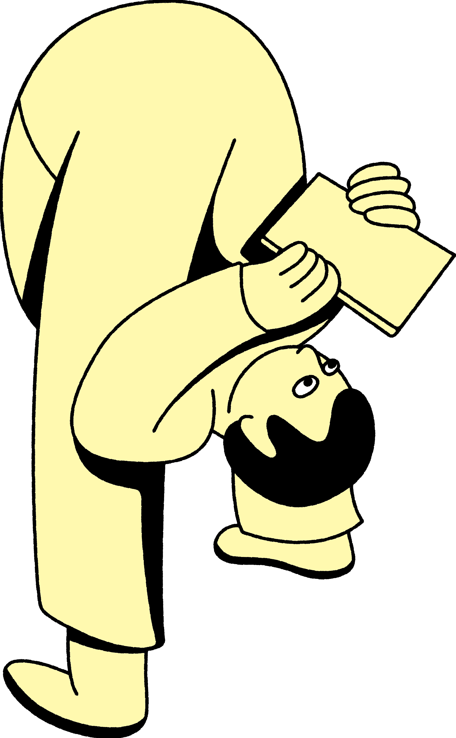 Illustration af figur, der står med hovedet så langt foroverbøjet, at det går gennem benene imens figuren læser i en bog som for at illustrere en, der er opslugt af bogen.