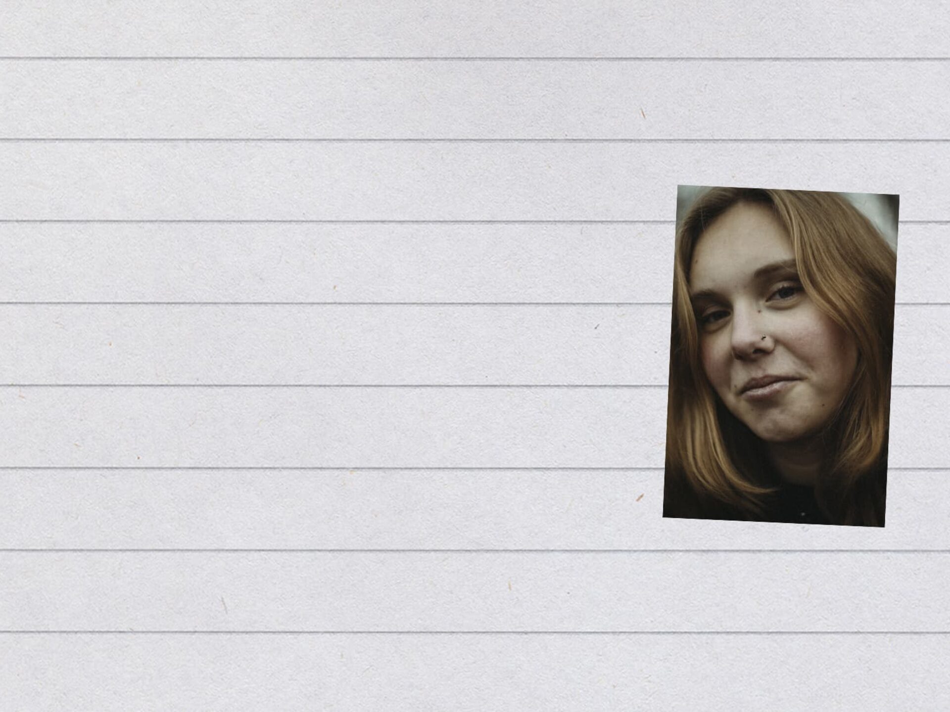 Et portræt af Dikte ligger på en notesblok med stiplede linjer på.