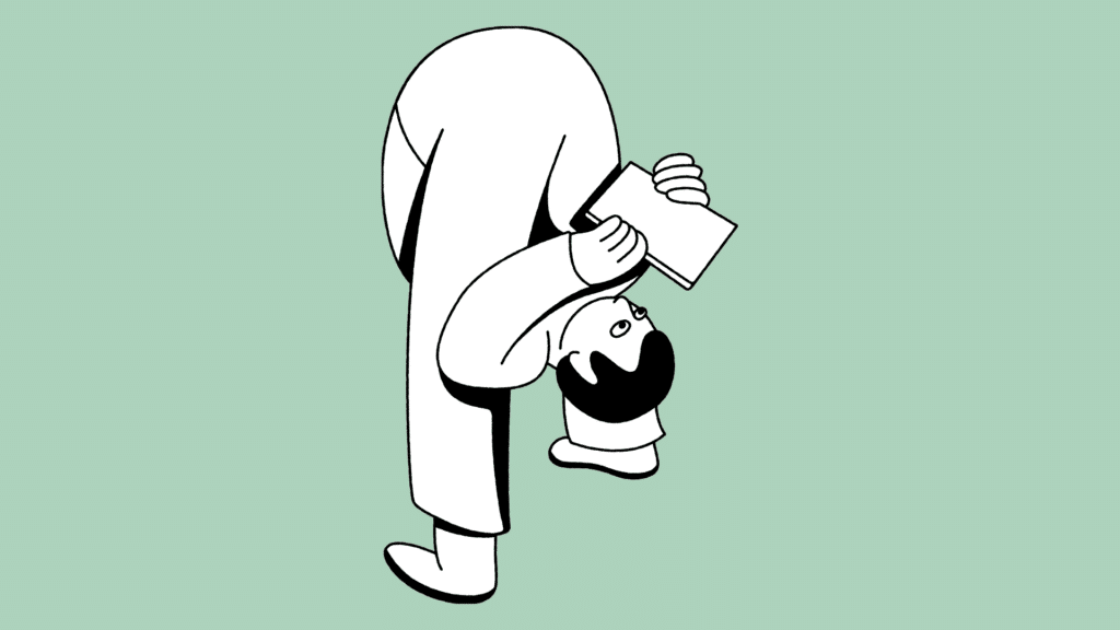 Illustration af figur, der står med hovedet så langt foroverbøjet, at det går gennem benene imens figuren læser i en bog som for at illustrere en, der er opslugt af bogen.