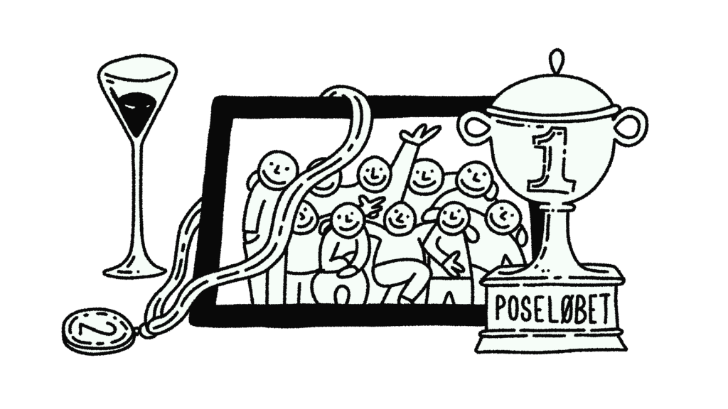 En illustration af et klassefoto, der er omkranset af en pokal med titlen: "Poseløbet" og en medalje.