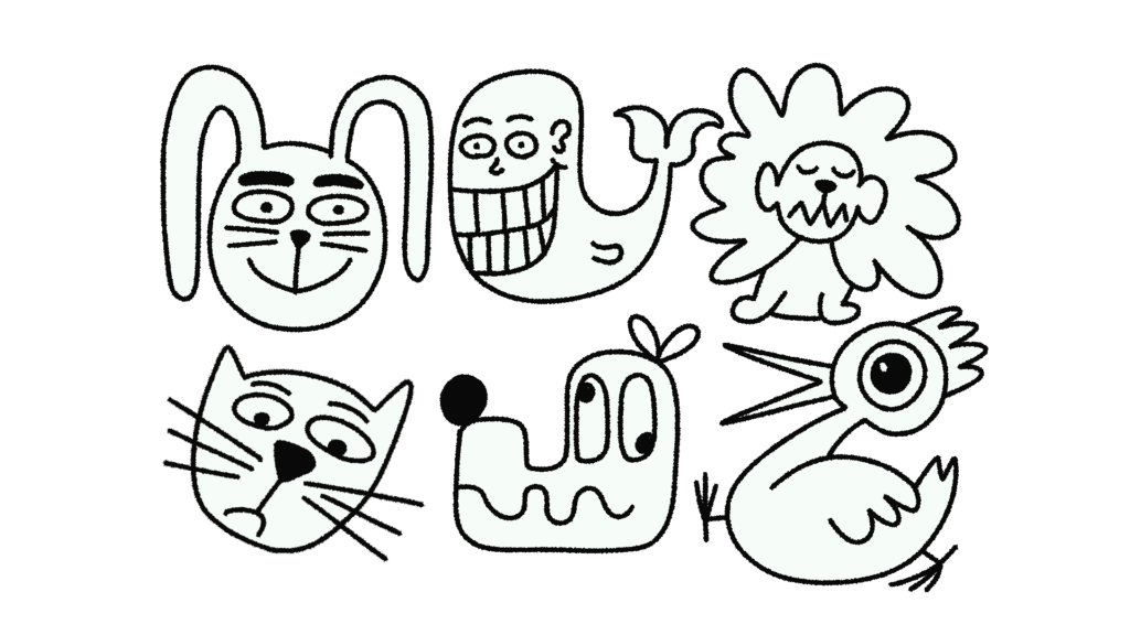 En illustration af seks figurer. Det er en kanin med hængeører, en hval der smiler med store tænder, en løve med lukkede øjne, en kat der kigger ned, en hund med en bølget mund og en høne der går.