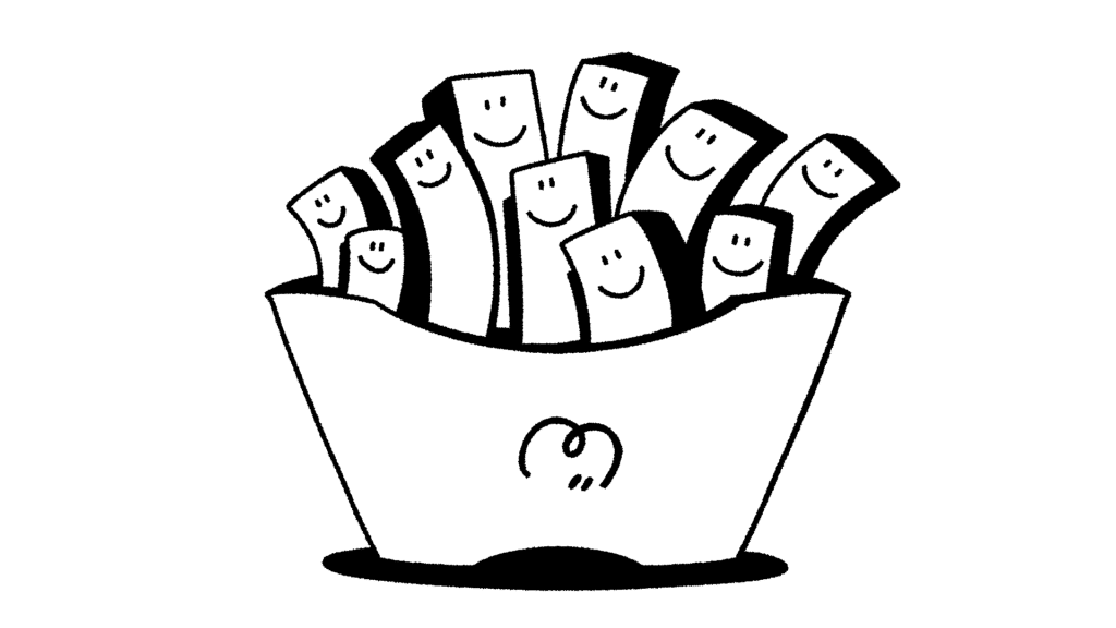 En illustration af et pomfritbæger fyldt med glade pomfritter